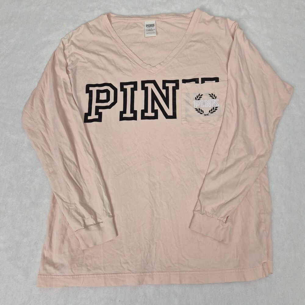 PINK Victoria's Secret Pink V-Neck Long Sleeve Logo Pocket Tee Womens L